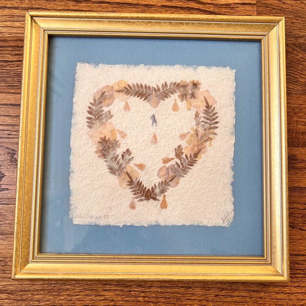 Vintage Original Pressed Wildflowers Heart Art from 1997, Handmade Paper Framed